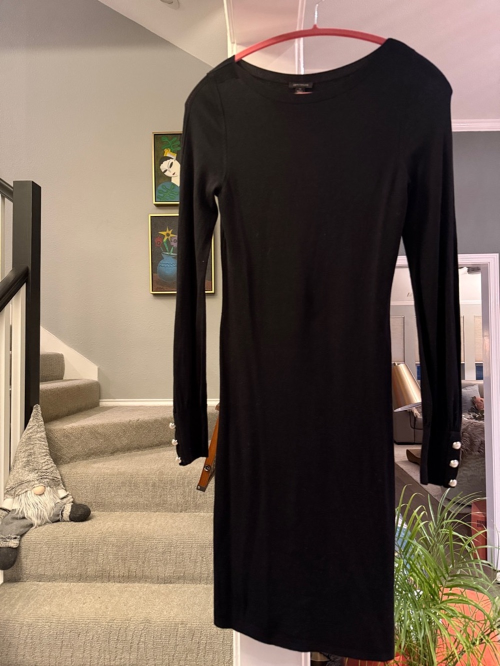 Ann Taylor Classic Black Long-Sleeve Bodycon Dress with Pearl Sleeve Buttons